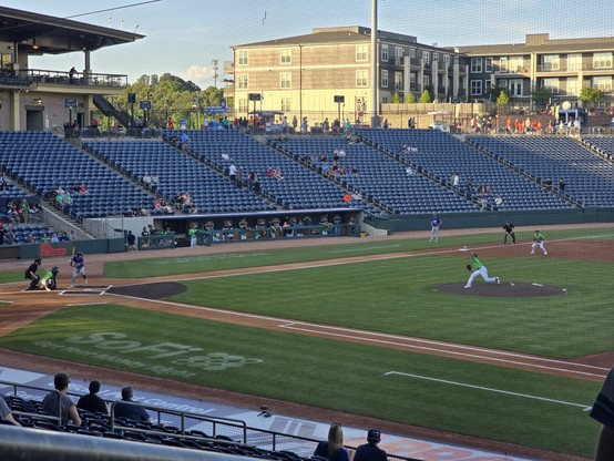 the Gwinnett pitcher delivers a pitch to the Durham leadoff hitter.  view is from the first base stands.